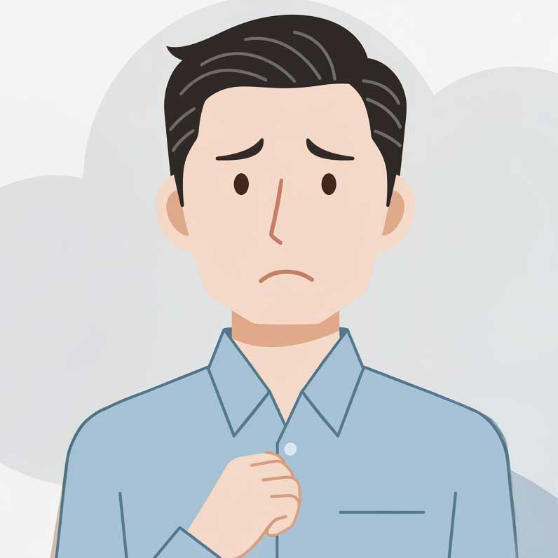 費用を心配して不安そうな表情を浮かべる男性のイラスト